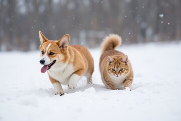 Snowy Playdate: Corgi and Cat in Winter Wonder