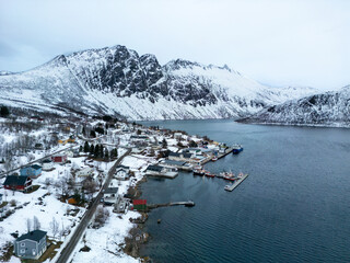 Torsken, fishing village in Norway, mountains, fjord, winter time