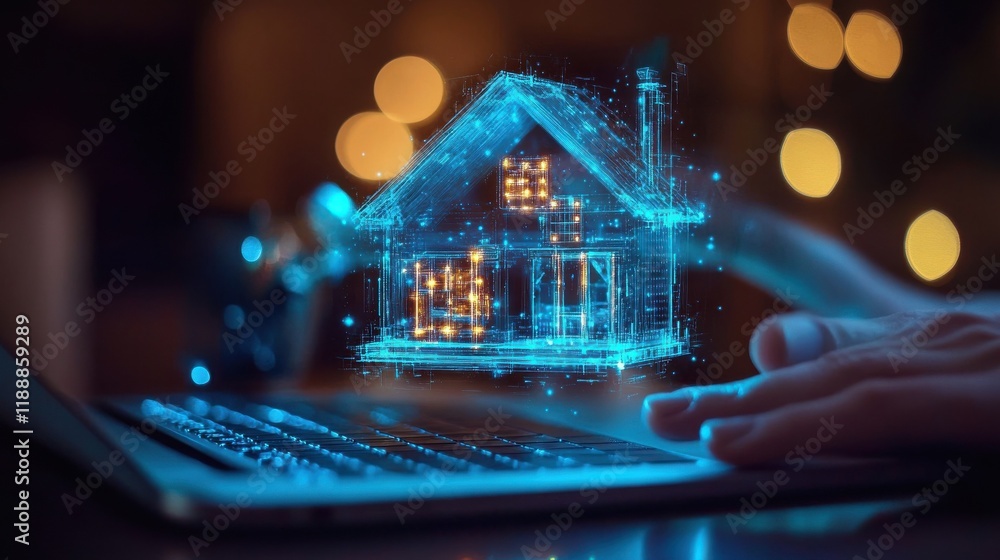Poster close up of hands using laptop keyboard with abstract glowing house chip hologram on blurry backgrou