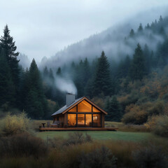 Cozy cabin in misty forest with warm light glowing