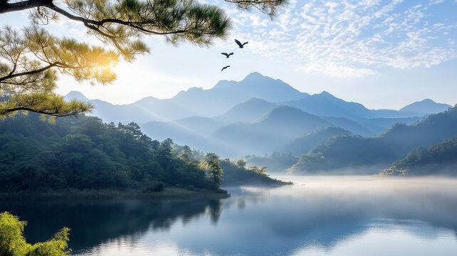 Breathtaking mountain landscape with serene lake and birds