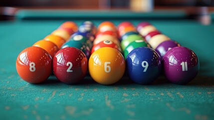 Colorful billiard balls arranged on a green pool table, ready for a game.