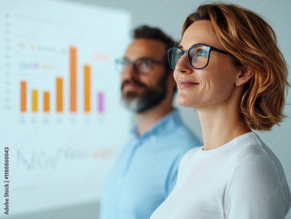 Poster confident businesswoman and colleague analyzing data and growth metrics with clear presentation of c