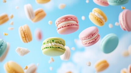 Obraz premium Vivid macarons of various flavors and vivid colors soar through a clear blue sky, creating a whimsical, cheerful atmosphere. The delightful sweets dance among fluffy clouds, inviting joy and wonder.