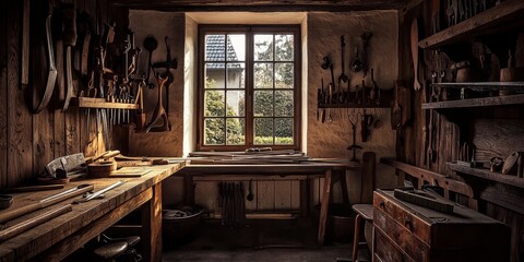 Sunlight streams into a rustic carpenter's workspace. 