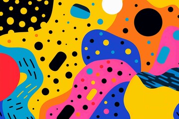  Bright and vibrant abstract pattern with dynamic shapes and bold colors, featuring polka dots, waves, and geometric designs for modern decor.