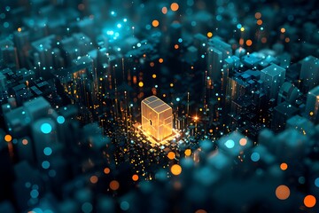 Abstract Digital Landscape with Glowing Cube and Particle Effects
