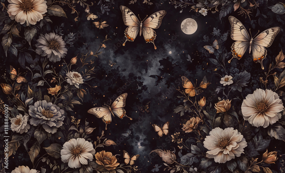 Poster Painting of a field of flowers with a large moon in the background. There are several butterflies in the painting