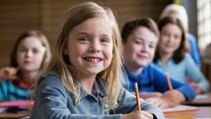 elementary school classroom, smiling blonde girl in focus, other students blurred in background, bright classroom setting, natural lighting, happy children, school desks, learning environment, candid 