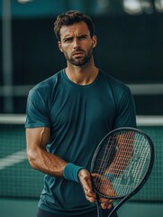 Waist up shot of worn out man tennis player looks in dissatisfaction, tired after active game on court, holds racket and fitness mat, has everyday training for loosing weight. Sport and motivation