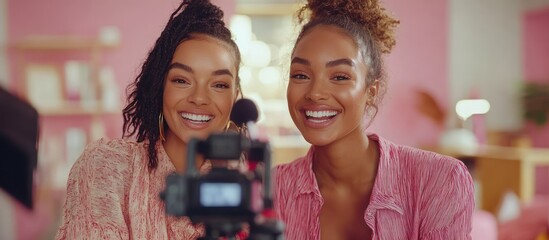 Studio vlog, two women smiling, pink room