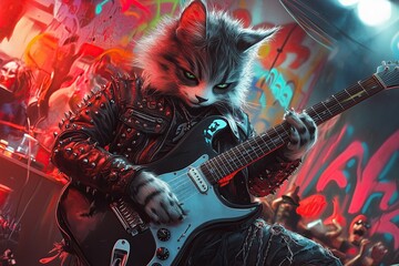 Naklejka premium 1980s punk rock anthropomorphic cat dressed in a leather jacket adorned with studs, ripped jeans, and spiky hair, strumming an electric guitar on a graffiti-covered stag
