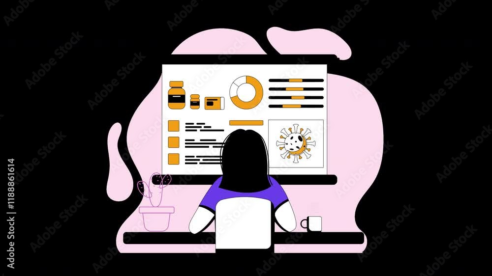 Poster a person of unspecified ethnicity reviewing health data on a computer, showcasing an explainer video