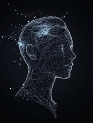 Abstract polygonal head outline on dark background with mock up place. AI and human mind concept. 3D Rendering