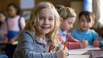 Fototapeta premium elementary school classroom, smiling blonde girl in focus, other students blurred in background, bright classroom setting, natural lighting, happy children, school desks, learning environment, candid 