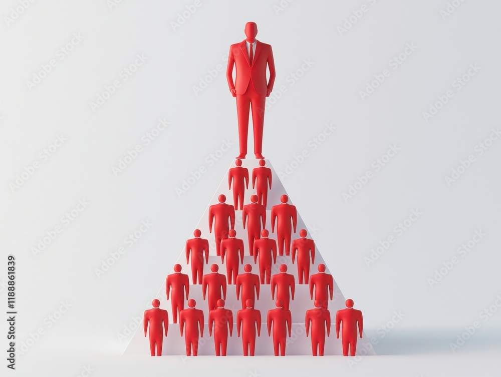 Aufkleber a composed leader standing on a pyramid formed by red figures representing team structure, leadershi