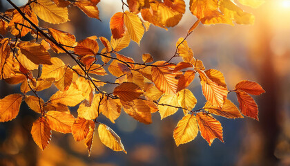 daylight illuminating colourful leaves on branch in autumn