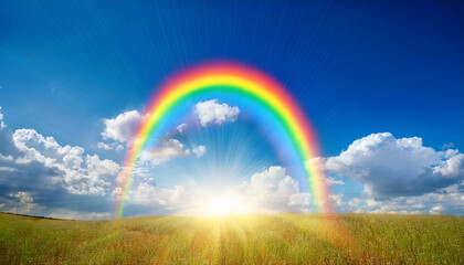 Naklejka premium colourful rainbow and sun rays on blue cloudy sky
