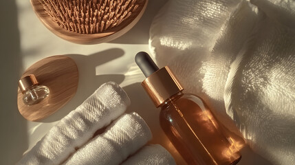 Scented oils and skincare products are neatly arranged alongside plush towels in a calming atmosphere, inviting relaxation and self-care at a serene spa