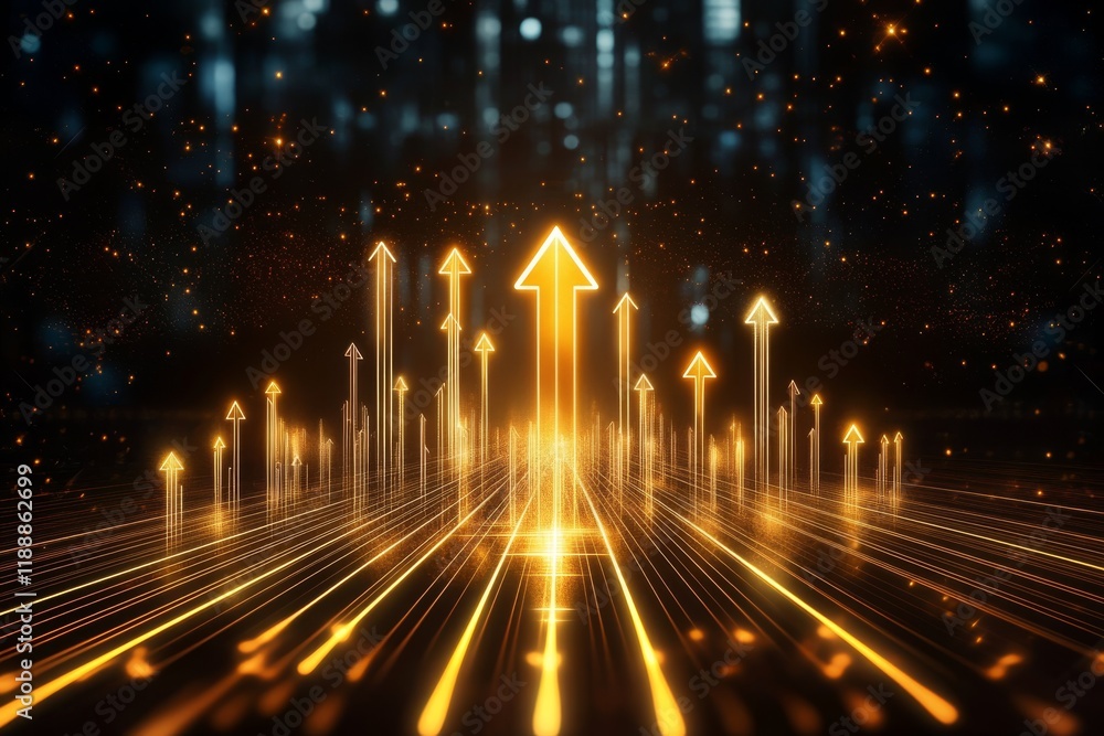 Poster golden arrows dynamically ascend from a glowing horizon, symbolizing both growth and progress within