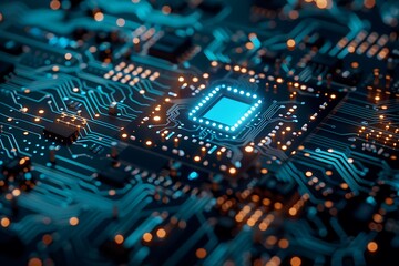 Obraz premium Close-Up View of Microchip Circuit Board with Glowing Components