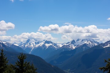 Fototapeta premium Snow-Capped Peaks and Lush Forests in a Clear Blue Sky