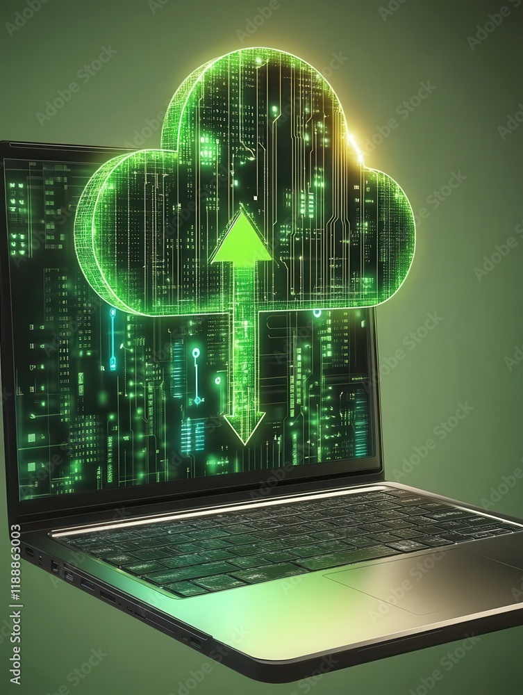 Poster cloud and internet information storage concept with digital cloud icon with arrow up with microcircu