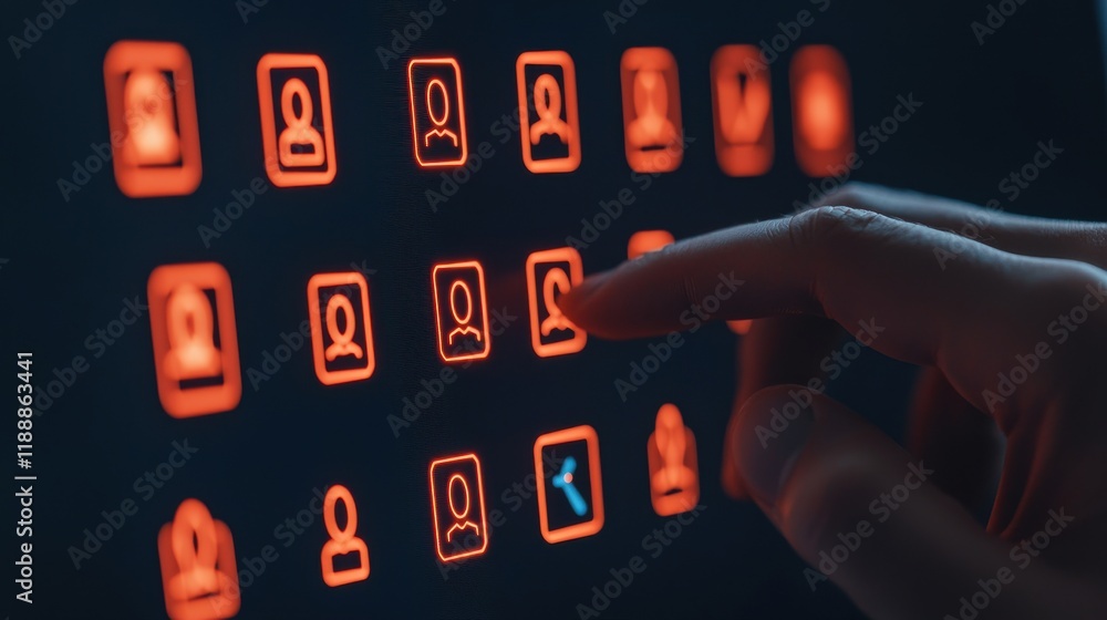 Aufkleber close-up of a person's hand selecting user profile icon on a digital touchscreen interface in a mode