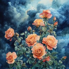 Vibrant Peach Roses Against a Dramatic Cloudy Sky Background