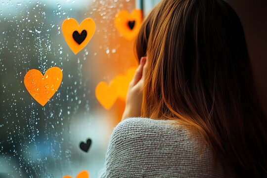 Rainy Day Contemplation:  Woman Gazes at Heart Decorations on Window, Feeling Reflective and Thoughtful During Solitude.