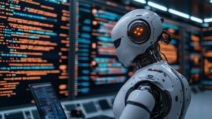 Fototapeta premium Futuristic Robot Analyzing Data in High-Tech Control Room Environment