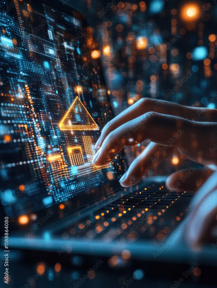Poster close up of hands using laptop keyboard with abstract glowing house chip hologram on blurry backgrou