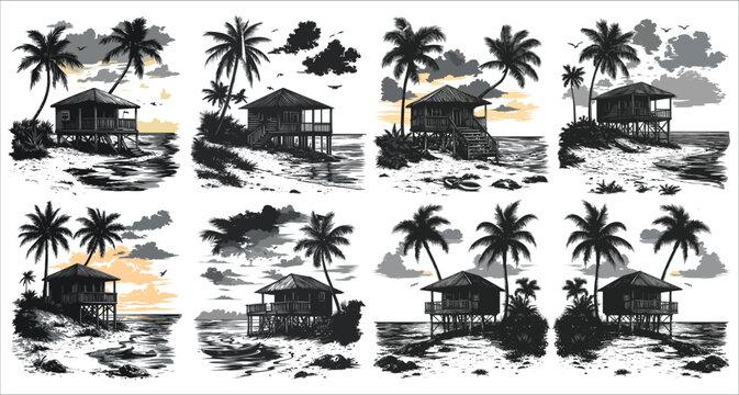 Tropical beach hut and palm tree vector silhouettes, Set of palm tree and beach hut silhouette, Tropical paradise vector silhouettes, Abstract beach huts and palm trees vector elements 