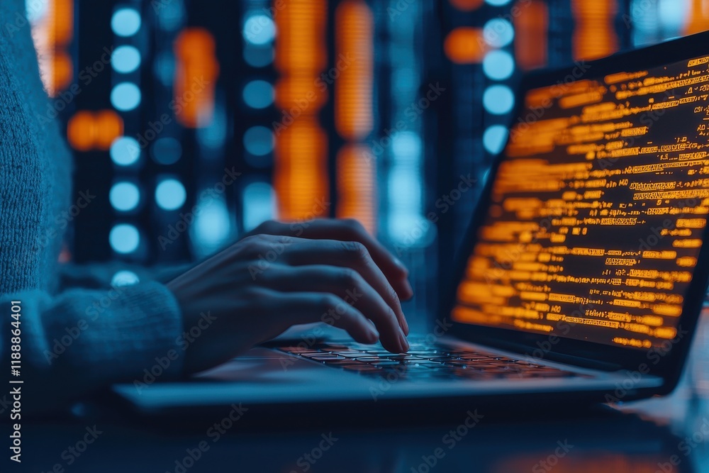 Poster close-up of a person typing on a laptop with glowing code in a futuristic environment, showcasing te