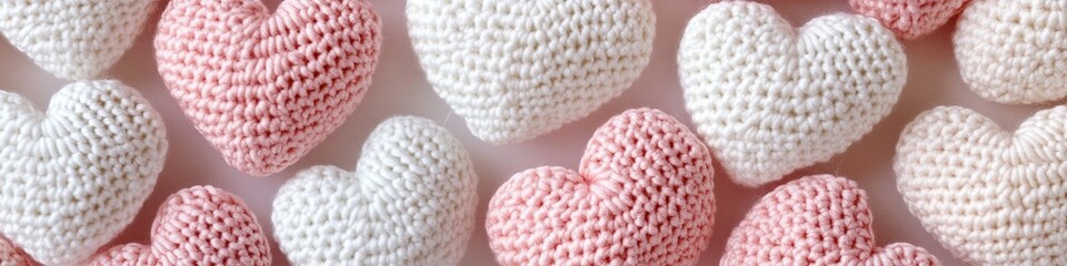 Delicate crocheted hearts in soft pastel shades of pink and white. St Valentine's Day. Background, wallpaper, banner, poster.