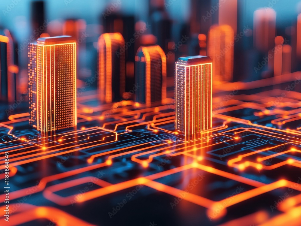 Poster abstract representation of futuristic city skyline with glowing circuits and illuminated skyscrapers