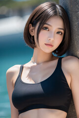 Fototapeta premium ビキニ, 女, コスプレ, 海, サマータイム, ショートヘアー, ボブ, ロングヘアー, ショートカット, 美しさ, 水泳, 水, モデル, バカンス, 細い, 太陽, 人々, タン, 旅行, ファッション, 空, 人, 立っていること, 砂, 髪の毛, ブルネット, 浜, 顔, グラビア, アイドル, 巨乳, 水着, 笑う, 笑みを浮かべている, アウトドア, ハピネス, 1, 目, 見る, 