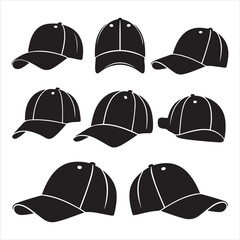 set of vector various baseball hat, cap silhouettes