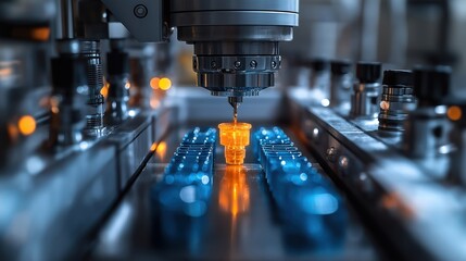 Advanced injection molding machine produces plastic parts with high precision. Modern manufacturing process creates components. Factory setting shows automated production. Equipment produces quality