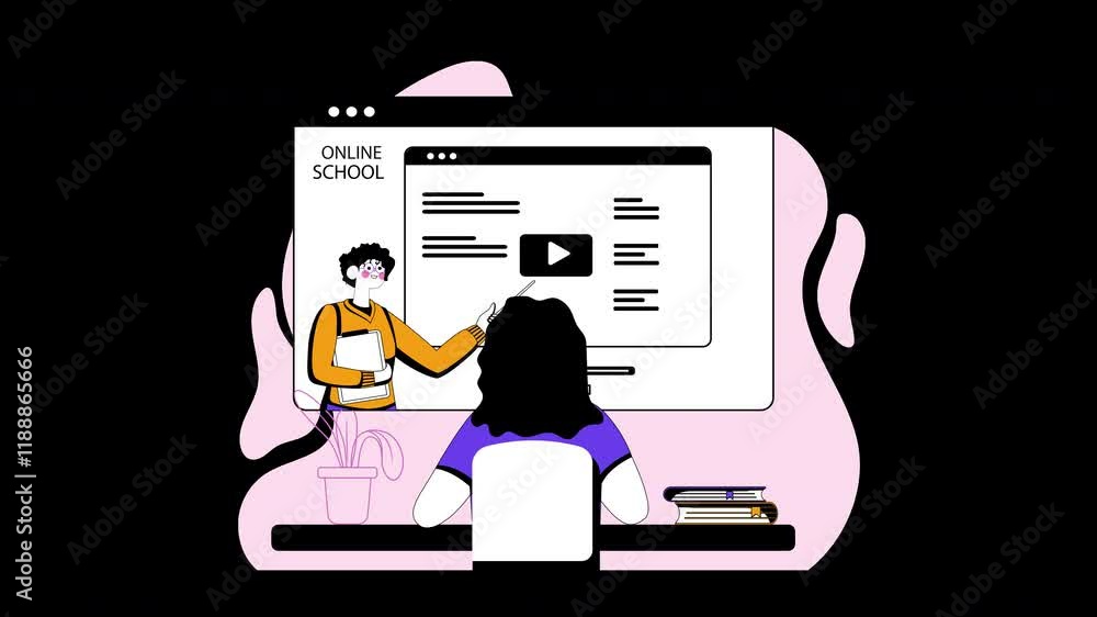 Poster a person of mixed ethnicity using a computer in an online school setting with a teacher presenting i
