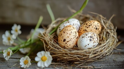 Obraz premium Two speckled eggs in a bird's nest surrounded by nature..