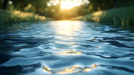 Obraz premium A serene river scene reflecting sunlight through lush greenery.