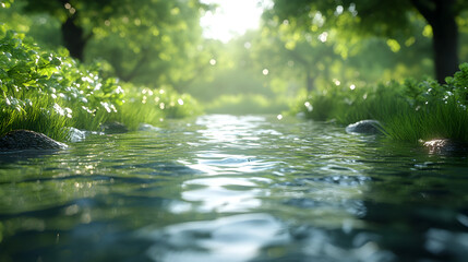 Fototapeta premium A serene river scene surrounded by lush greenery and gentle sunlight.