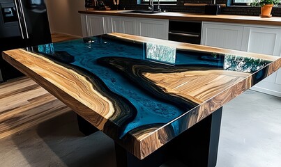 A one-of-a-kind handcrafted table with a river motif in epoxy.