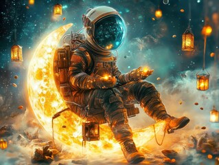 Astronaut Contemplating on a Fiery Crescent Moon Amidst a Celestial Landscape