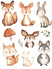Naklejka premium Cute woodland animals in watercolor illustration set. Collection featuring a variety of charming forest creatures isolated on transparent background. illustration