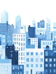 A simple vector illustration of a cityscape, featuring buildings in a blue and white color palette, with a flat design on a white background. illustration