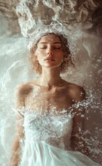 Fototapeta premium Relaxed Female Taking Bath With Foam Lying In Bathtub In Modern Bathroom Indoors. Woman Bathing Enjoying Bodycare Routine With Eyes Closed At Home. Spa And Wellness