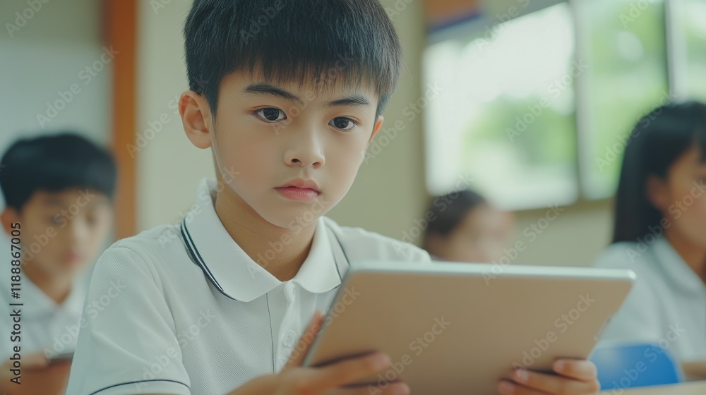 Poster focused asian school boy using digital tablet at class in classroom. attentive junior school student