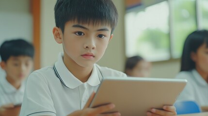 Focused Asian school boy using digital tablet at class in classroom. Attentive junior school student learning online virtual education digital program app tech during stem computer science lesson.